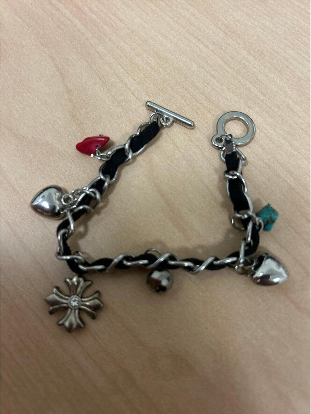 Guess black ribbon and silver tone charm bracelet